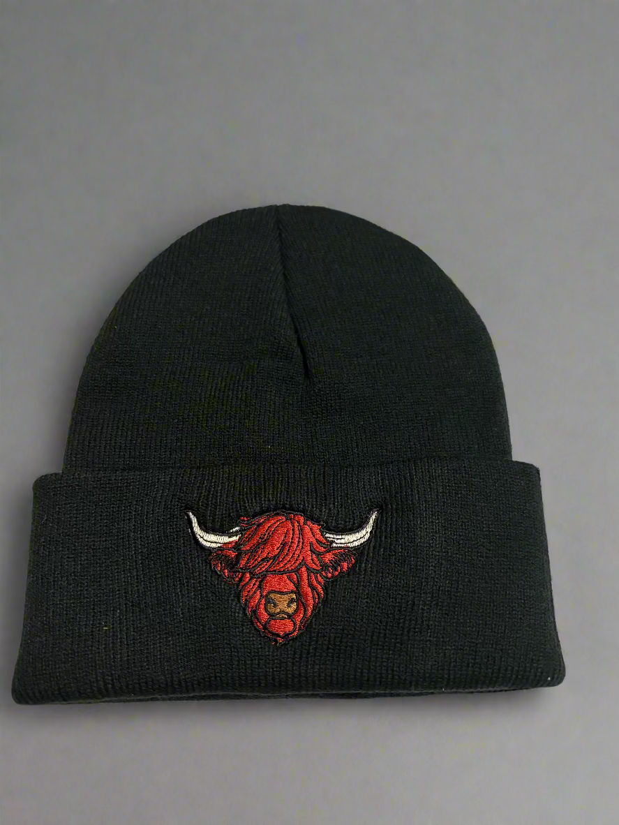 Jefe's Horns Embroidered Black Beanie Skull Cap Knit Hat