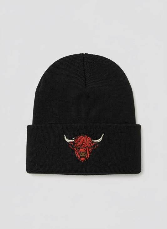 Jefe's Horns Embroidered Black Beanie Skull Cap Knit Hat