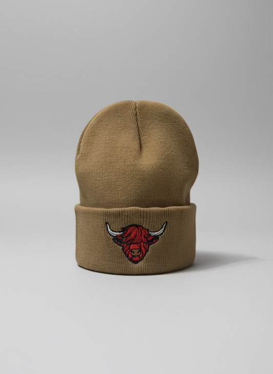 Jefe's Horns Embroidered Tan Beanie Skull Cap Knit Hat