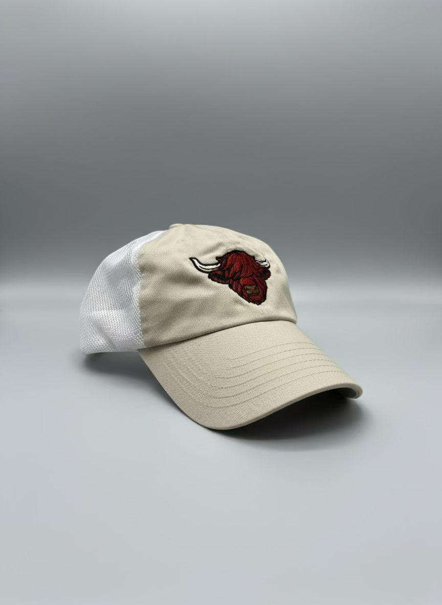 Jefe's Horns Embroidered Unstructured Trucker Hat Tan Snapback Cap