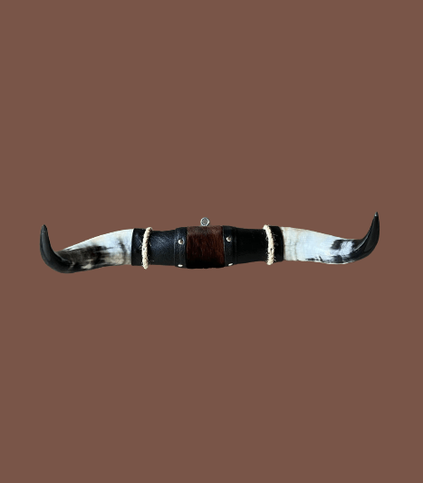 #230 SPECIAL: Burnt Tri-Color - Medium "Sencilla" - Handcrafted Polished Mounted Steer Horn Tex-Mex Bull Cow Art Decor